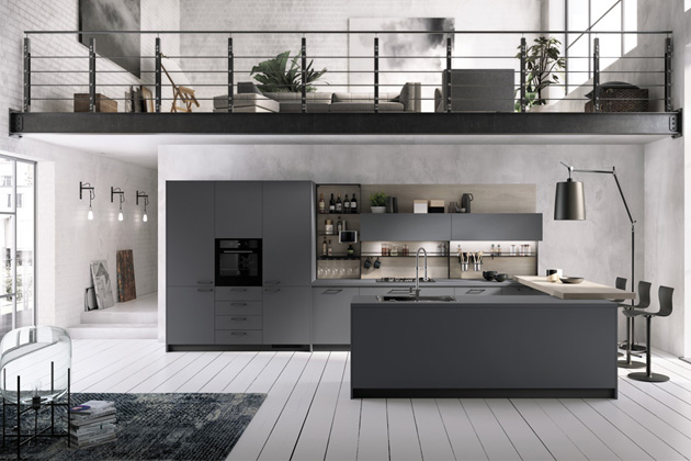 Kuchyň Mood (Scavolini), design Silvano Barsacchi, pracovní deska i dvířka ve sjednoceném designu Bromine Grey Fenix NTM®, cena na dotaz, WWW.SCAVOLINI.COM 