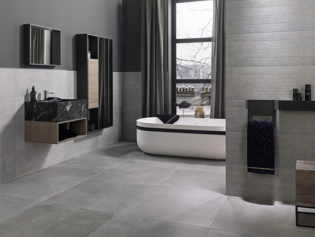 Rektifikovaná dlažba Bottega Acero (Porcelanosa), 59,6 x 59,6 cm, mat, pět barevných odstínů, cena 2 021 Kč/m2, WWW.DESIGNBATH.CZ 