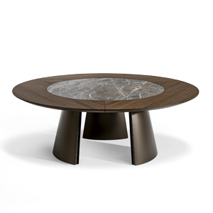 Stůl Torii ST, design Marconato a Zappa, lakovaný kov, ořech nebo dub, vklad keramika, cena od 152 000 Kč