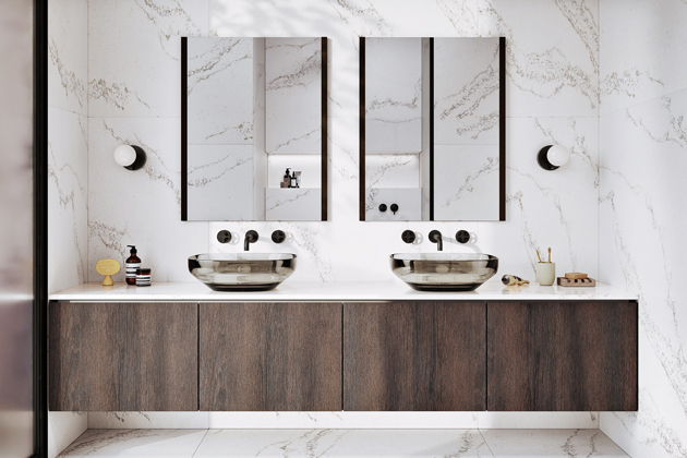 Ukázka koupelny obložené moderním praktickým materiálem Lapitec ceněným pro své estetické i funkční vlastnosti