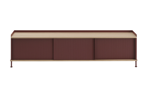 Komoda Roller Max, design Alain van Havre, s podnožím a korpusem z lakovaného teakového dřeva a s posuvnými dvířky z mahagonového dřeva